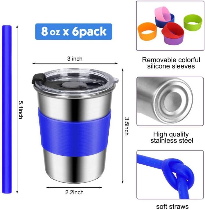 ShineMe Toddler Cups with Straws Spill Proof 6pack, 8oz Small Stainless Steel No Spill Sippy Cup, Unbreakable Kids Cups with Lids and Colorful Silicone Sleeves for Hot/Cold Drinks Snacks - Image 2