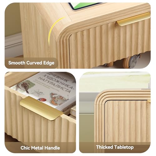Decofy Fluted Nightstand with Charging Station, Modern Bedroom Side Table with Gold Handles, Curved Profile Design, End Table Wood Organizer for Bedroom, Open Shelf & 1 Drawers (1 Pack, Natural Oak) - Image 5