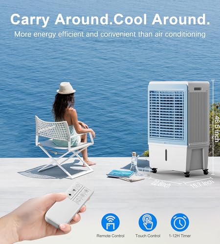 AKIRES 6000CFM Large Swamp Cooler with 13.5-Gal Water Tank,3-IN-1 Evaporative Air Cooler with Remote Control,4 Ice Packs,12H Timer, Evaporative Cooler for Indoor,Outdoor,Garage Use(47IN)