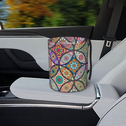 Image of Car Trash Bag Vintage Mandala Floral Waterproof Trash Small Car Can Portable Collapsible Car Garbage Can Hanging for Back Seat Floor or Hanging Headrest Car Decor Road Trip Essentials