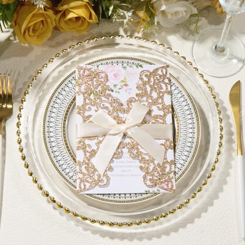 image for AdasBridal 50Pcs Glitter Floral Laser Cut Wedding Invitation Cards wit