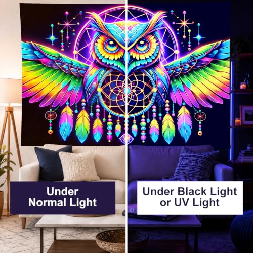 Image of BlissYard Owl Tapestry Blacklight Tapestry 79x59 Inch Trippy Wall Hanging | Trippy Decration with Uv Reactive Colors for Bedroom Dorm and Party Walls