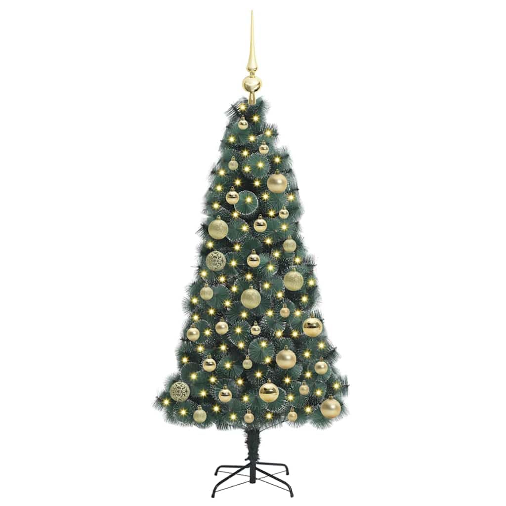 Árbol de Navidad artificial iluminado de 120 cm con juego de bolas, 150 luces LED de color blanco cálido, cono PET duradero para uso en interiores y exteriores, conexión USB fácil