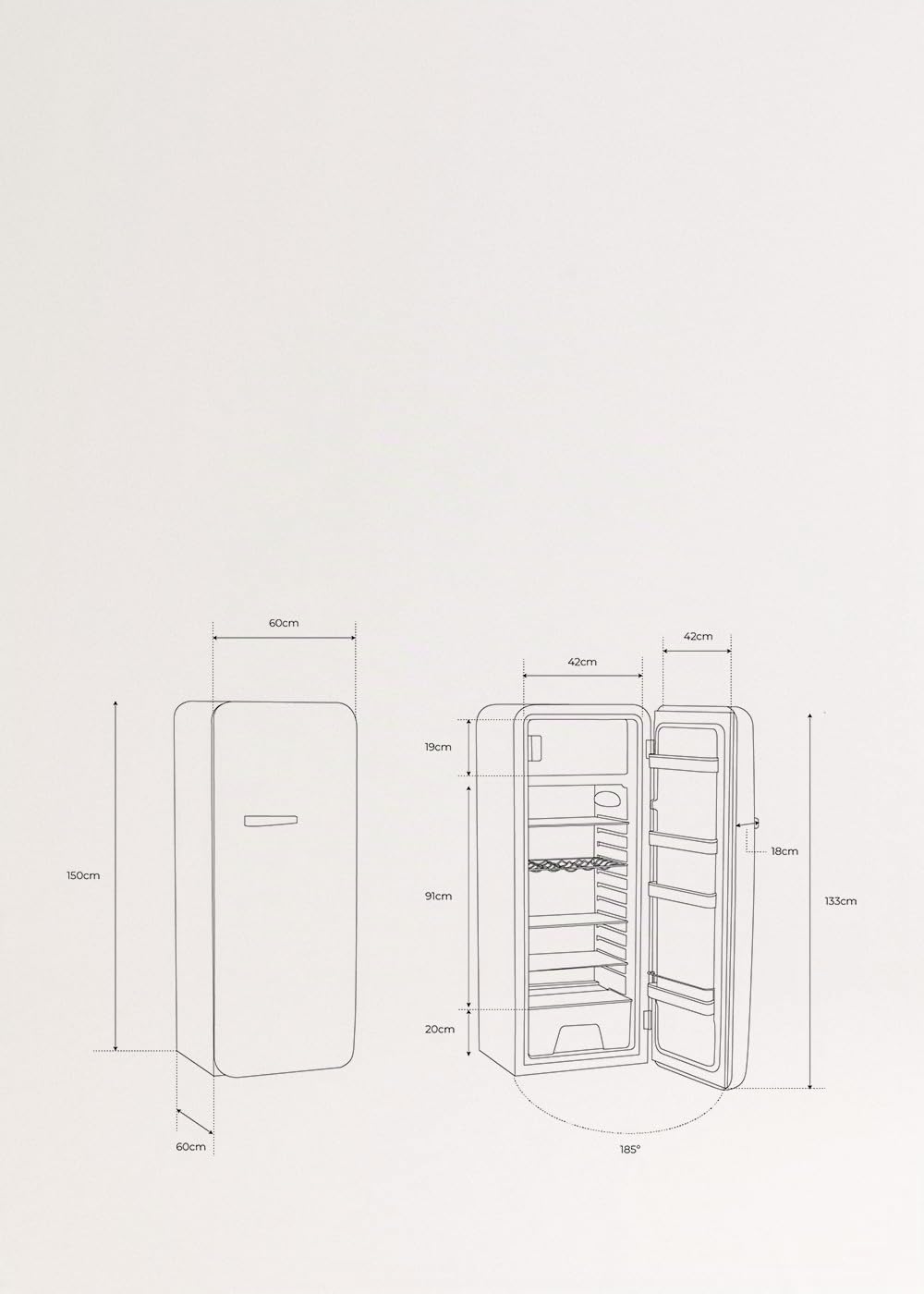 CREATE / RETRO FRIDGE 150 OFF WHITE/Kühlschrank mit Gefrierfach 281L in Cremeweiß, Griff Cremeweiß / 102W, niedriger Energieverbrauch, 150cm, 3 Ablagen, Temperaturregelung,60x60x150cm