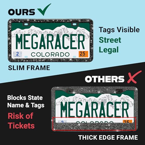 Elegant Bling License Plate Frames for Women - 2 Pack, 1600 Premium Black Rhinestones, Rust-Free Stainless Steel, Street Legal Slim Design, Sparkly Diamond Car Tag Holders with Glitter Crystal Caps by Mega Racer - Image 6