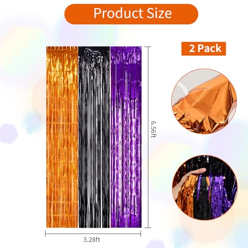Image of TONIFUL 2Pcs Orange Purple Black Metallic Tinsel Foil Fringe Curtains,3.28ft x 6.56ft Halloween Photo Booth Backdrop Streamer,Photo Props,for Party Door Wall Curtains Wedding Birthday(6.6ft x 6.6ft)