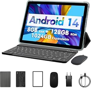 PRITOM 10-Zoll-Android-14,3-in-1-T... 8 GB, 128 GB, erweiterbar auf 1024 GB, 8000 mAh, WLAN-Tablet, Qcta-Core-Prozessor, WLAN 6, Bluetooth, Tablet-PC mit Tasche, Tastatur, Mäusen, Teal