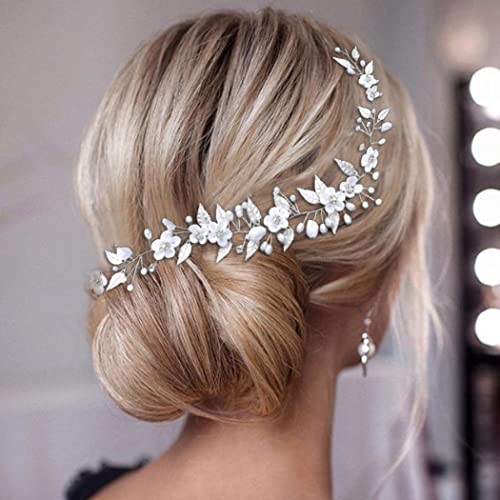 Asooll Bride Wedding Hair Vine Silver Flower Leaf Bridal Headband Rhinestone Crystal Headpiece for Women and Girls