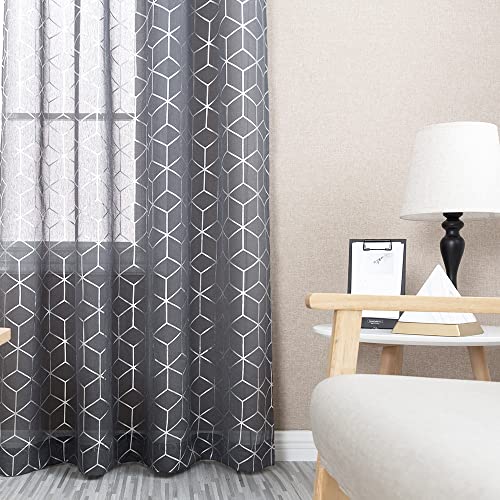 Vangao Metallic Sheer Curtains Grey Sheer Curtains 84 Inch Length 2 Panels Set Geometric Diamond Foil Print Light Diffusing Privacy Voile Drapes For Living Room Bedroom Window Treatment Gray #TOP5
