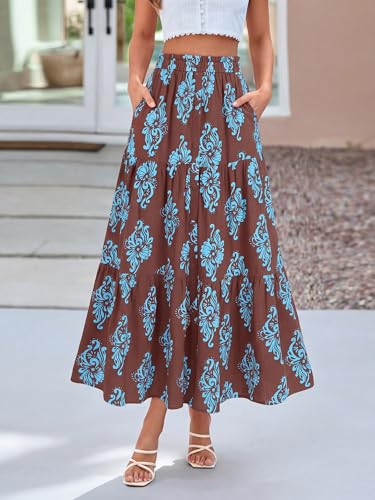 BTFBM Maxi Skirts for Women Summer Outfits Elastic High Waist A Line Boho Beach Vacation Cruise Floral Long Skirt 2026(Brown Light Blue Flower, Large) — view 5