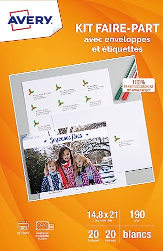 Avery - Kit Faire-Parts composé de 20 cartes faire-part blanches A5 (190g/m²) + 20 enveloppes blanches + 21 étiquettes autocollante.