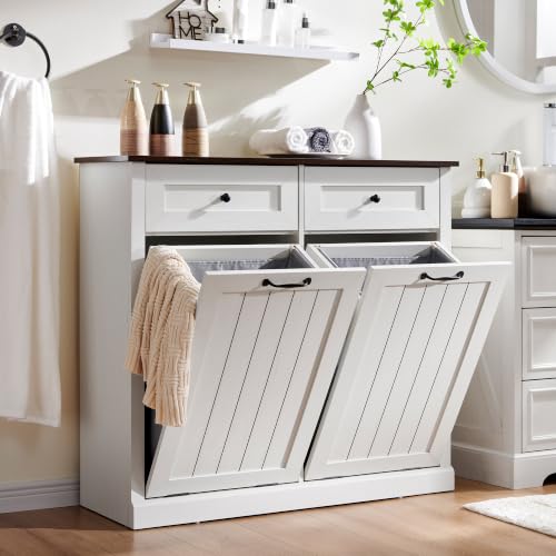 Image of IFBUY Double Tilt Out Laundry Hamper Cabinet, Trash Cabinet, Antique White
