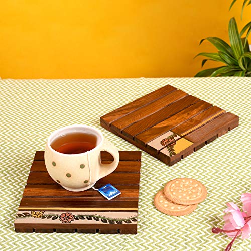 Image of AAKRITI ART CREATIONS Wooden Coaster Set Handcrafted with Floral Art Set of 2 | Natural Brown Wooden Coasters | Matte Finish Table Coasters | for Dining Table & Home