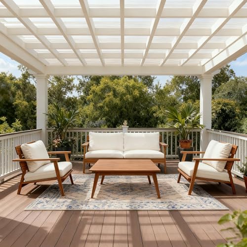 KLMM 4-Piece Mid-Century Modern Acacia Wood Patio Seating Set,Outdoor Conversation Set with Loveseat,Club Chairs & Slatted Coffee Table,for Garden Backyard Poolside (Teak+ Beige-MC)