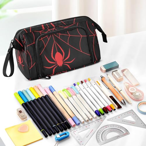 Image of Red Spider and Spider Web Halloween Pencil Case Large Capacity Pencil Pouch Bag Zipper Storage Stationery Bag for Office College School
