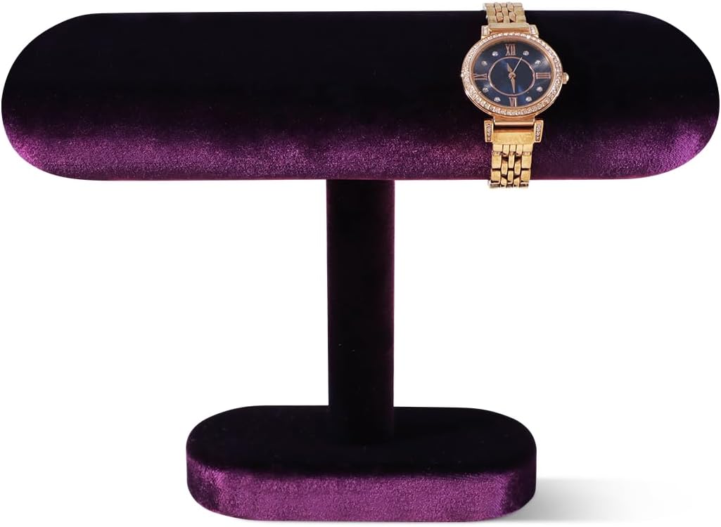 Resilient Velvet Watch Display Stand, T-Shape Jewelry Holder For Bracelet Necklace, Jewellery Store Retail Countertop Display Rack (Purple, Semi-Flat)