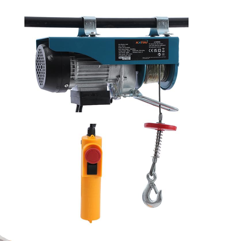 KATSU Polipasto eléctrico 300KG Cabrestante eléctrico con 18M Alambre de Acero y Control Remoto, Grúa de Elevación Eléctrico para Garaje, Tienda de Automóviles, Elevador de Techo