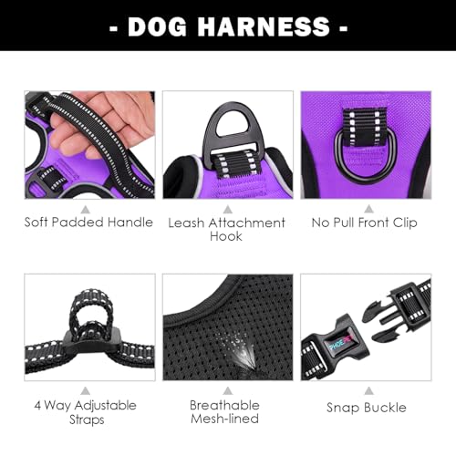Image of PHOEPET Reflective Dog Harness Large Breed Adjustable No Pull Vest with Handle 2 Metal Rings 3 Buckles [Easy to Put on & Take Off](XL, Purple)
