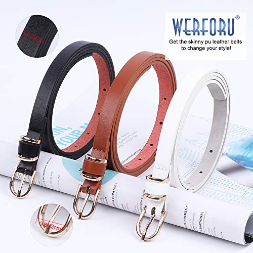 Ladies Skinny Thin Pu Leather Dress Fit Waistbelt For Jeans With Gold Alloy Buckle(Black+Brown+White,Fit Waist Size 31-37 Inches) #TOP6