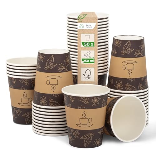 Love Nature Kaffeebecher to Go 250 ml 10 oz – Pappbecher 50 Stück – Coffee to go Becher - Einwegbecher zum Servieren von Kaffee, Tee, heißen und kalten Getränken