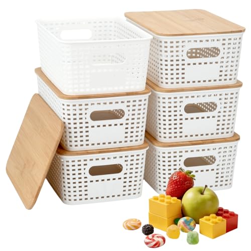 LYHLYA Stackable Storage Bins with Bamboo Lids, 6-Pack, BPA-Free Plastic,
