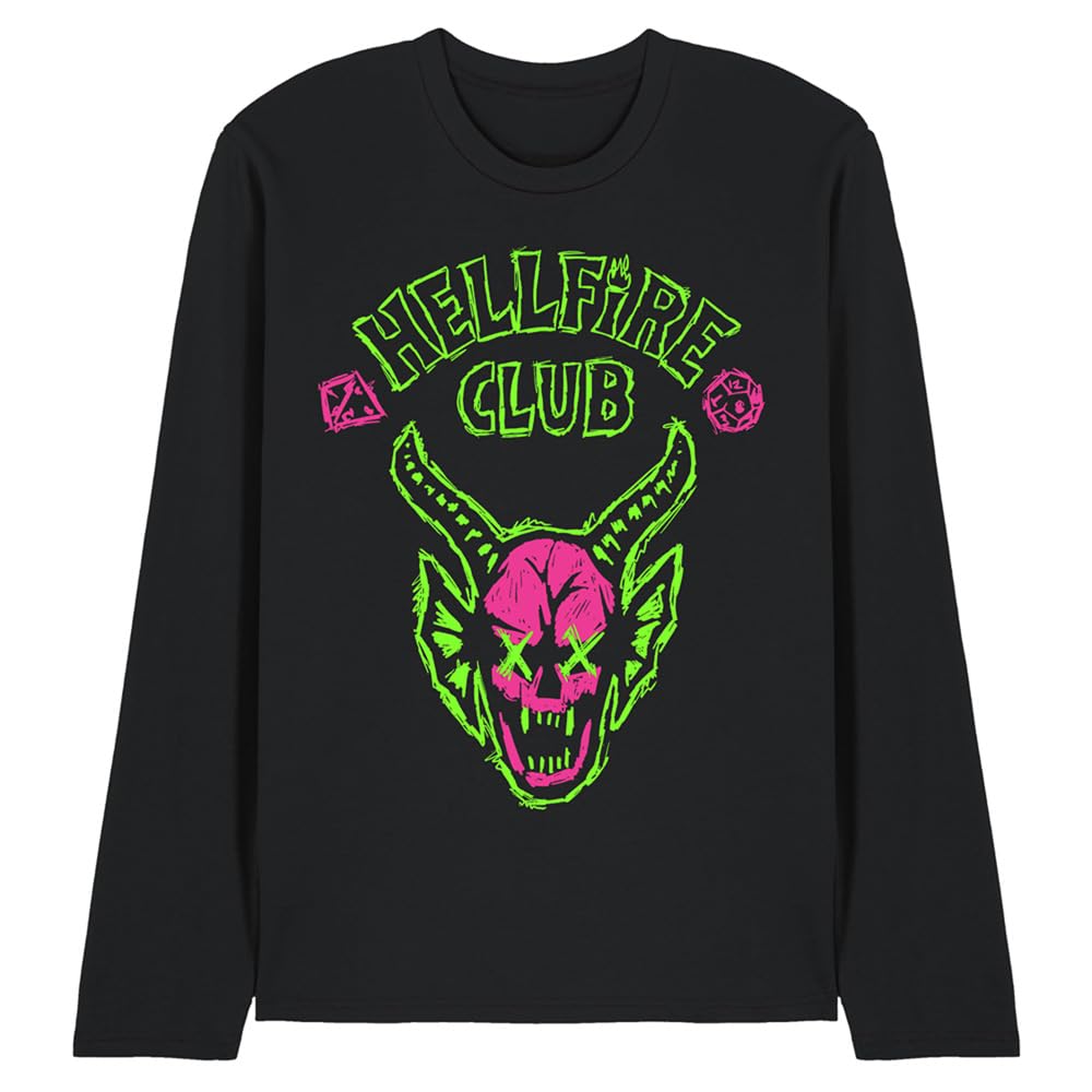 Stranger Things Hellfire Neon Sketch Logo Unisex Long Sleeve T Shirt, Black, Large
