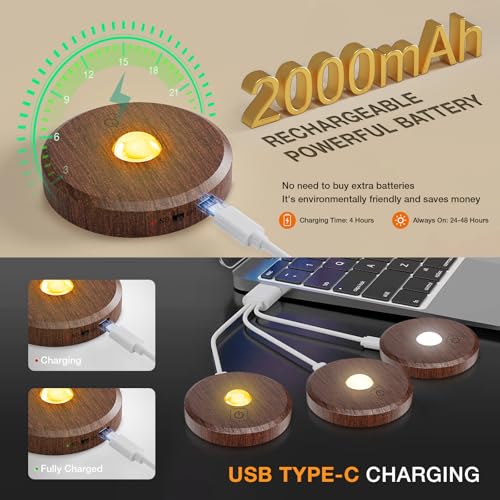 Image of Puck Lights With Remote Control - Rechargeable, Wireless Under Cabinet Lighting, 2000mAh Battery Operated Tap Push Touch Light, Stick On for Counter, Shelf, Bookcase (Wood Color, 3 Pcs)