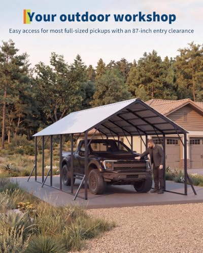 Image of Garvee 13x26x11 ft Metal Carport Kit, Oversized Car Port with Vertical Roof | 120 Steep-Pitch Roof for Snow Shedding / 133 inch High-Clearance RV & Boat Shelter / Heavy-Duty Reinforced Frame