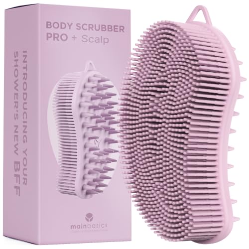 Image of MainBasics Exfoliating Silicone Body Scrubber Pro 2-in-1 Shower Scrubber for Body Care, Silicone Loofah and Scalp Massager (Pale Pink, Body + Scalp)