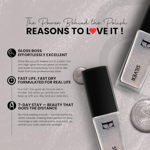 Image of Ellement Co Silver Nail Polish 10 ml with high shine metallic silver tone offers glossy salon finish, smooth streak free application, quick drying formula, and long lasting chip resistant wear, perfect for festive looks, party glam, celebrations, and statement nail styling.