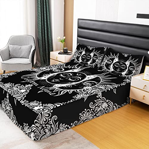 Sun And Moon Bed Skirt King Size Boho Exotic Style Personalized Customize Name Bed Skirts For Women Teens Black White Bohemian Mandala Decor Bedskirt Bohemian Botanical Floral Customized Bedding Set #TOP1