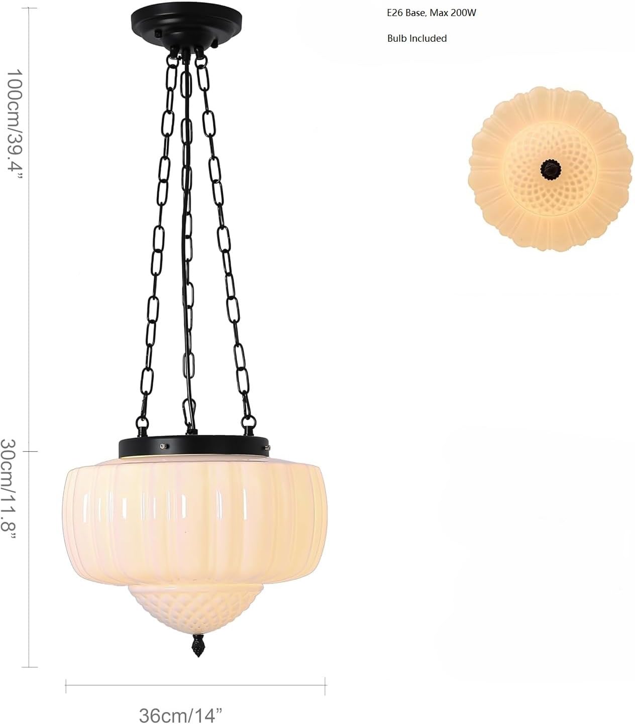 Large Milk Glass Pendant Light, 14" Mid Century Modern Schoolhouse Ceiling Light Fixture, Vintage Chandelier for Bedroom, Dining Room, Hallway, Kitchen Island, Bulb Included, White