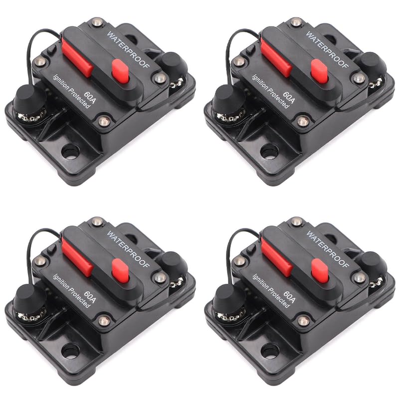 Miniatura 1 de Disyuntor impermeable de 60 amperios (paquete de 4) de 12 V-48 V CC, reinicio manual, ideal para estéreo de automóvil, sistemas de energía solar,