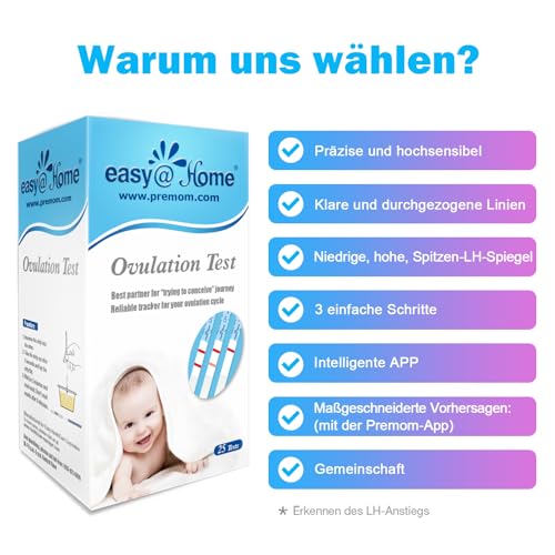 Easy@Home Ovulationstest 100 Teststreifen 25 mIU/ml Kinderwunsch Schnelltest Fruchtbarkeitstests für Eisprung – Unterstützt durch die Kostenlose Intelligent Premom Ovulation APP, 100 LH Tests