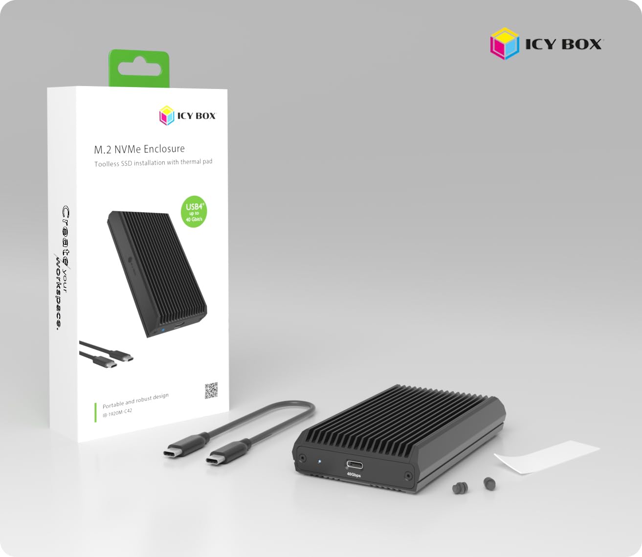 ICY BOX M.2 NVMe Obudowa USB4 (40 GB/s), aluminium, beznarzędziowa instalacja, chłodzenie termiczne, kompatybilny z Windows i macOS, IB-1920M-C42