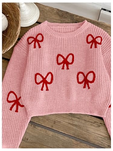 Image of BEAUDRM Girl's Cute Bow Sweater Crew Neck Long Sleeve Drop Shoulder Loose Pullover Tops
