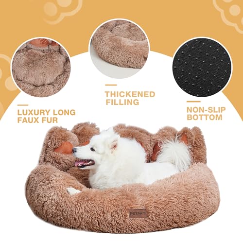 PETART Hundebett Bärenpfoten – Gemütliches Rundes Katzenbett für kleine bis mittelgroße Hunde und Katzen, Weiches Flauschiges Kunstfell-Hundebett (Khaki, XS-50cm)