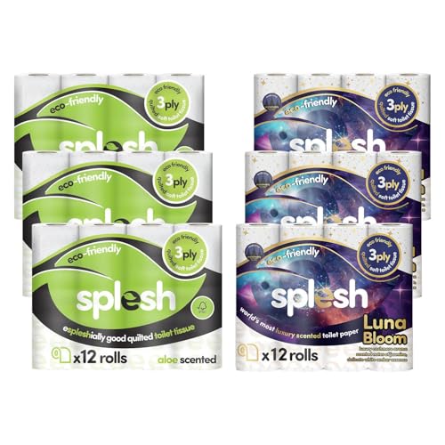 Splesh by Cusheen 3-ply Toilet Roll - Soft, Quilted Bulk Toilet Rolls, Eco-Friendly Toilet Tissue Loo Rolls, Made in UK - 72 Rolls (Aloe Vera 36s) & (Luna Bloom 36s)
