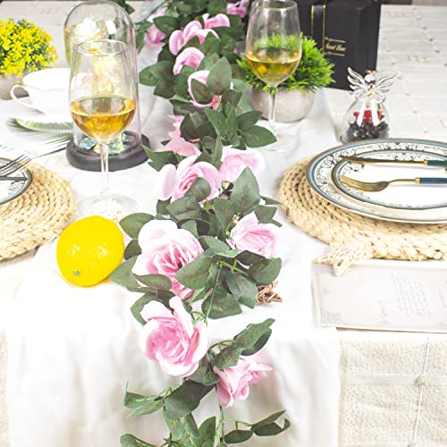 4Pcs(32 Ft) Artificial Rose Vine Fake Flower Garland Hanging Rose Ivy Hanging Baskets Wedding Arch Garden Background Decor (Pink) #TOP2