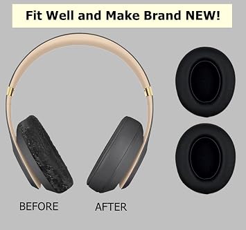Replacement Ear Pads Cushions, Earpads Cover Compatible with Beats Studio 2 and Studio 3 Over Ear Headphones by Dr.DRE 1 Pair (Black) | Earpads Cushions 1 Pair Protein Leather, Memory Foam, Storage Bag, Spare Adhesive , Installation Booklet