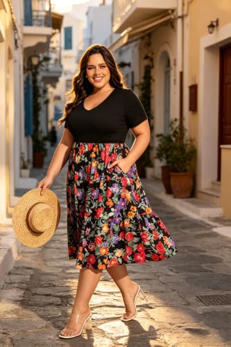Image of CARCOS Plus Size Dresses for Women Summer Short Sleeve V Neck Patchwork Dresseses XL-5XL