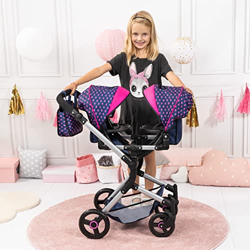 Bayer Design 26254AA Twin Pram, Doll Carriage, Height-adjuable Handle, Foldable, with Bag and Integrated Shopping Basket, Compatible with EasyGo, Blue with Unicorn and Hearts