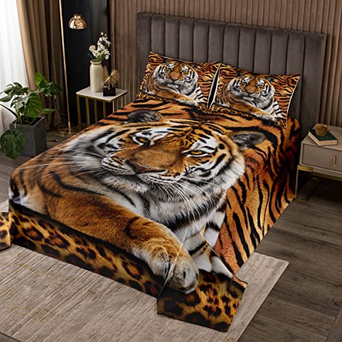 Tiger 3D Print Bedspread King Size Wild Animals Bedding Set 3Pcs For Kids Teens Room Decor,Animal Fur Quilted Coverlet Soft Breathable Bedding Quilt With 2 Pillowcases #TOP13