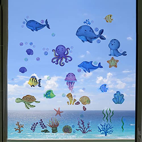 YunBey Wandtattoo Badezimmer, Unter dem Meer Wandaufkleber, Meerestiere Fische Korallen Fensteraufkleber Wasserfest Wandsticker für Küche, Kinderzimmer, Bad