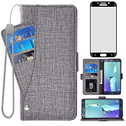 Image of Asuwish Compatible with Samsung Galaxy S6 Edge Plus Wallet Case Tempered Glass Screen Protector and Flip Cover Card Holder Stand Cell Phone Cases for Glaxay S6edge + S 6edge 6s 6 Edge+ Women Men Gray