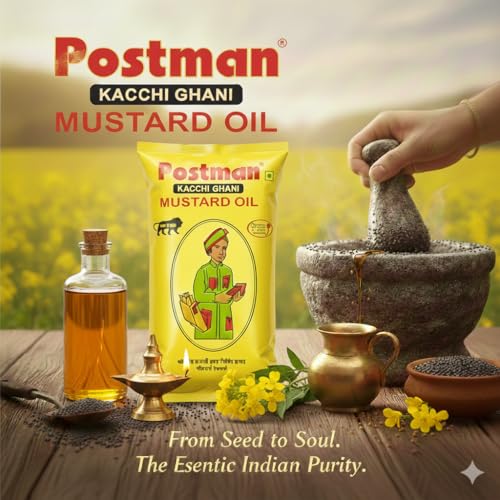 Image of Postman Kachi Ghani Mustard Oil 1L Pouch - True Full Weight 910g - Wood Pressed Unrefined Sarson Ka Tel