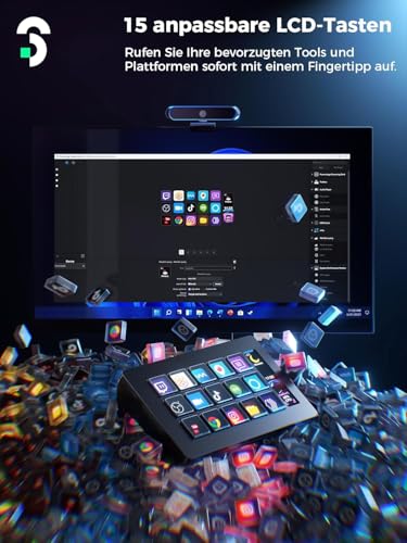 SOOMFON Stream Controller Deck mit 15 anpassbaren LCD Makrotasten, auslösen von Aktion in Apps & Software wie OBS, Twitch, Streamlabs, Discord, Mac & Windos, für Live-Streaming, Aktienhandel & Editing
