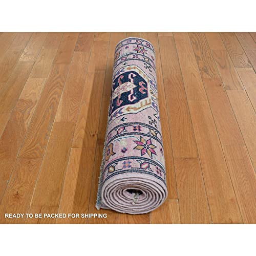 Shahbanu Rugs Pastel Pink Hand Knotted Afghan Super Kazak Pure Wool Runner Rug (2'8" X 8'10") #TOP1