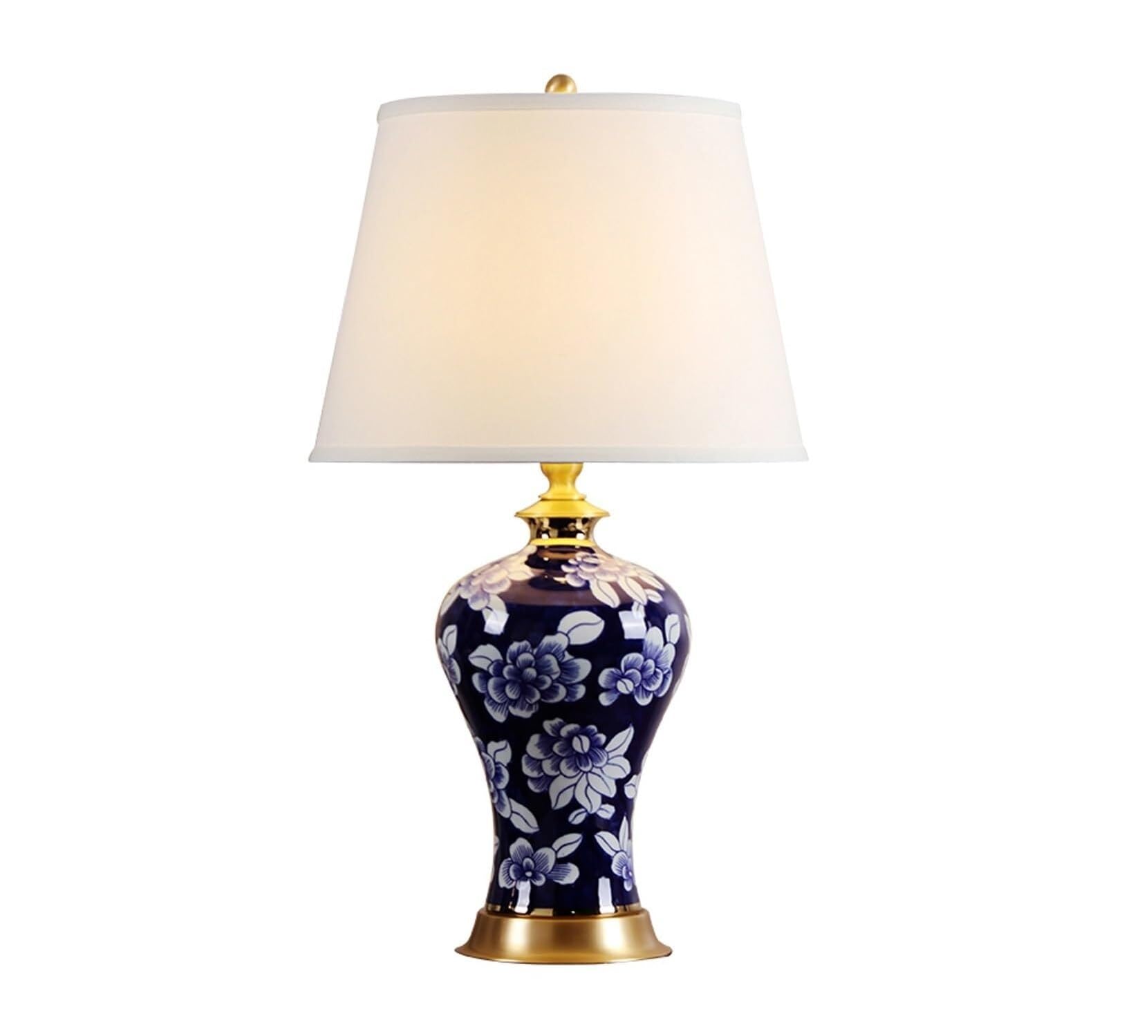 HYHDDM Traditional Ceramic Table Lamp, Linen Shade Remote Control Nightstand Lamp H65 Copper Bedside Light for Bedroom Office(Remote Control Switch)