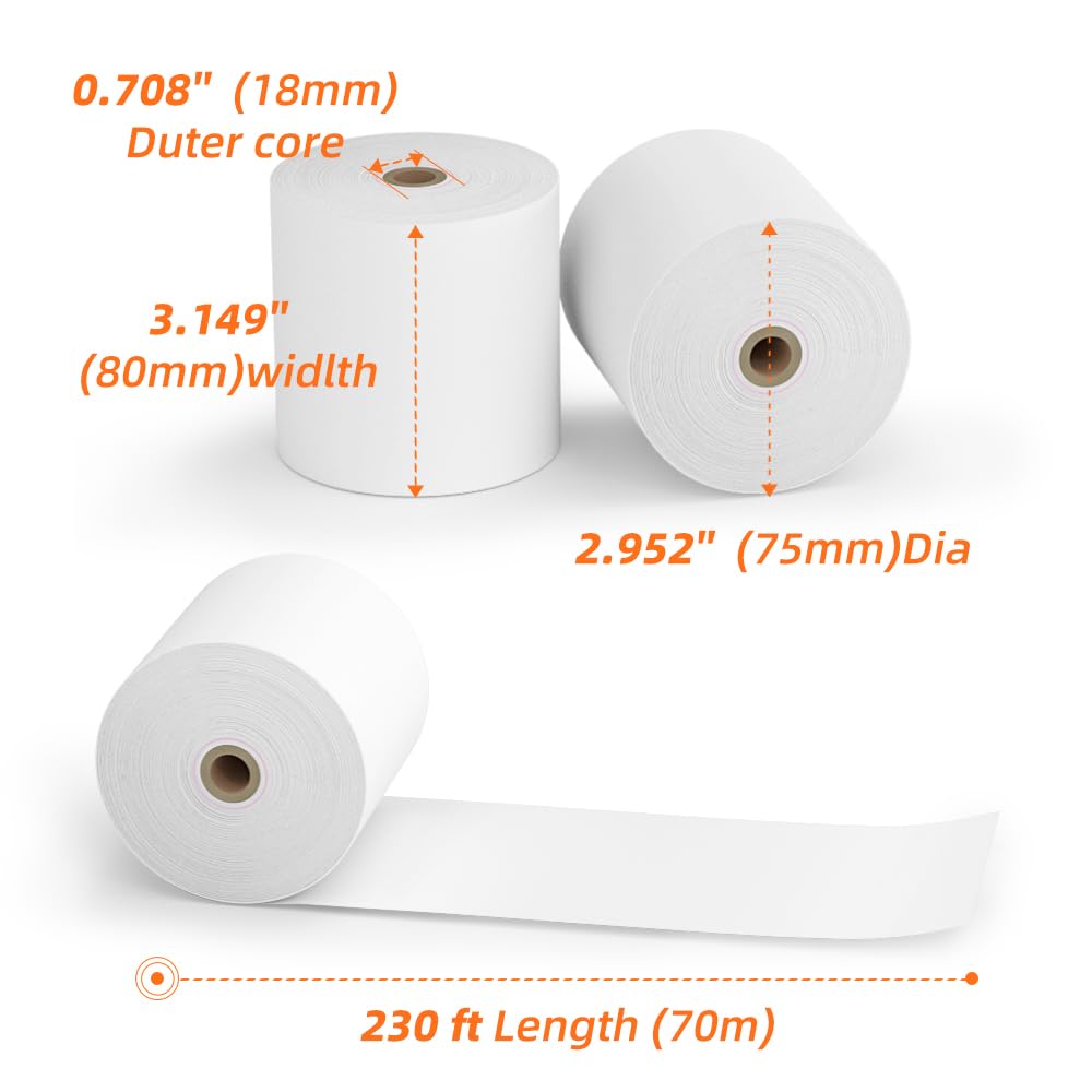15 rollos de papel térmico de 3 1/8 x 230 pulgadas, 55 g/m², papel grueso de alta calidad para caja registradora POS, sin BPA. Methdic